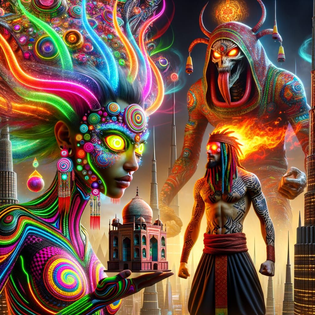 Neon Goddess Confronts Anubis and Skeletal Dragon