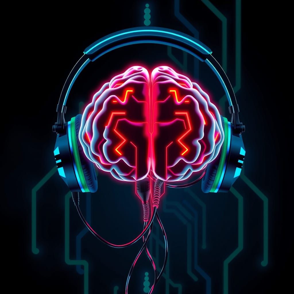 Futuristic Brain in Headphones with Neon Glow