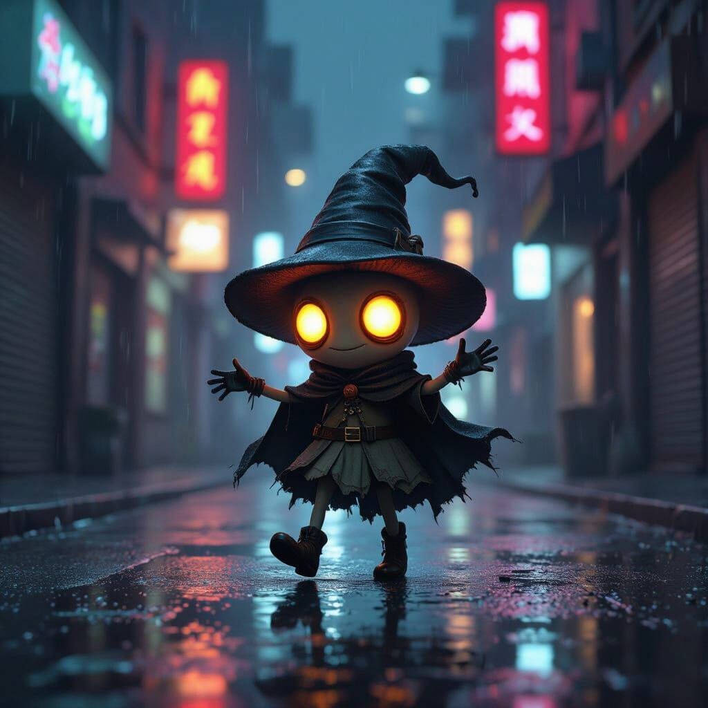 Mischievous Mushroom Dances in Cyberpunk Alley