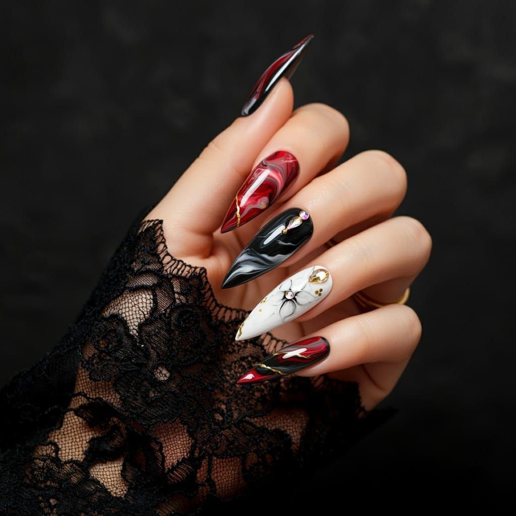 Stunning Stiletto Nail Art with Marble and Floral Designs
