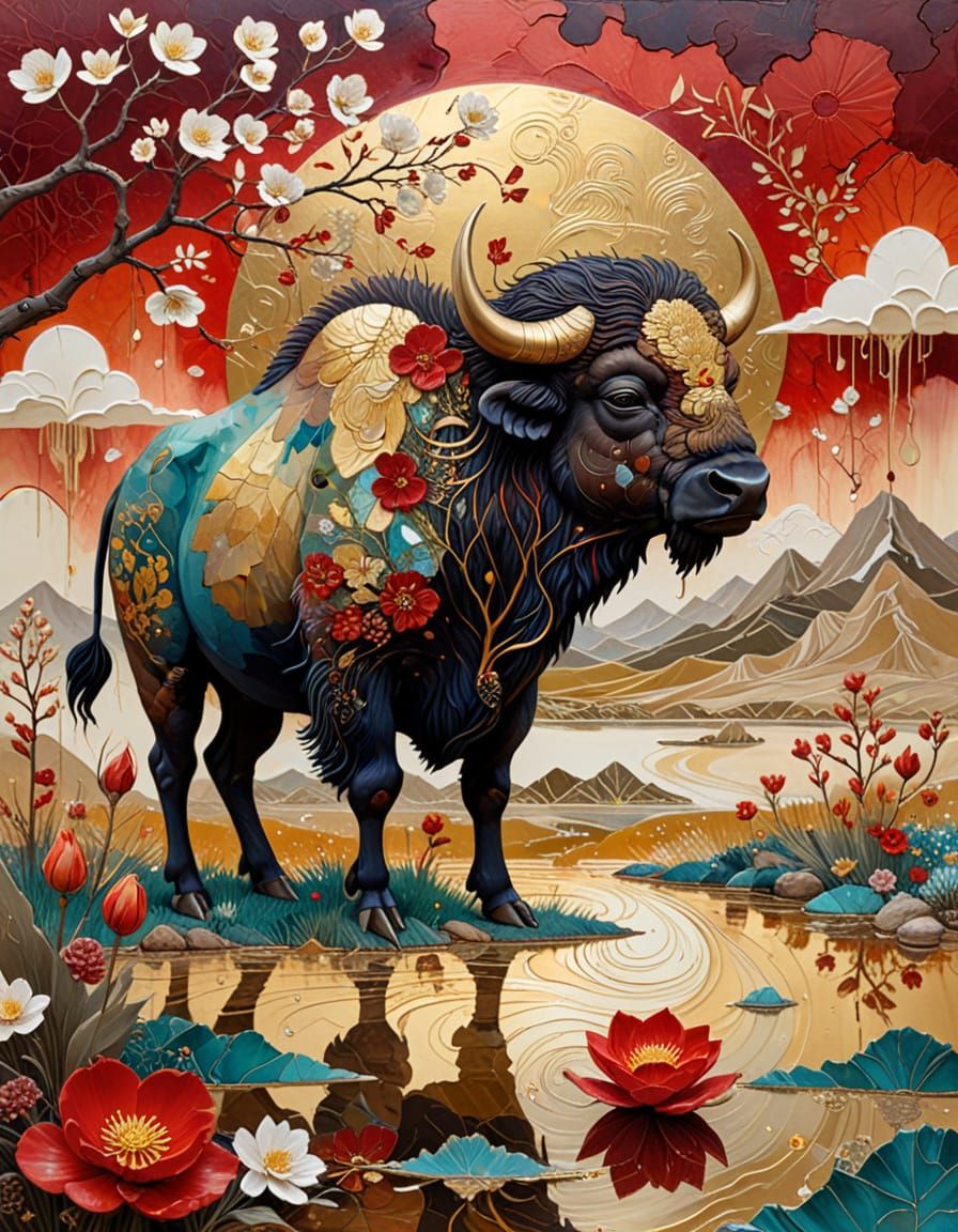 Buffalo and Duckling in Surrealist Mixed Media