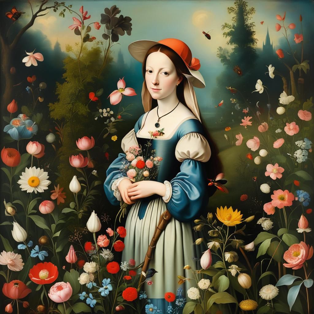 Bosch-Style Oil Painting: Woman in Flower Garden