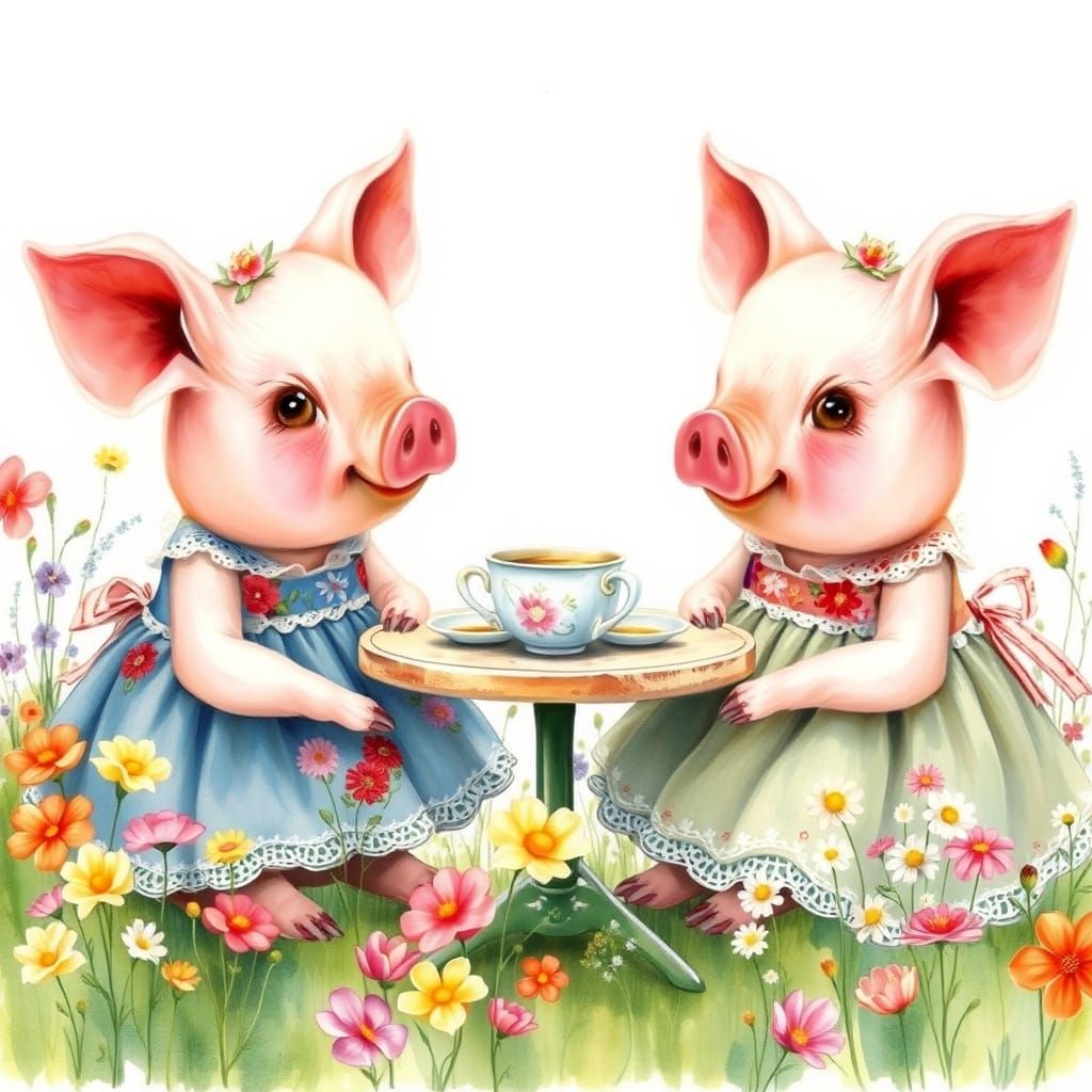 Pigs' Tea Party in Watercolor Flower Meadow