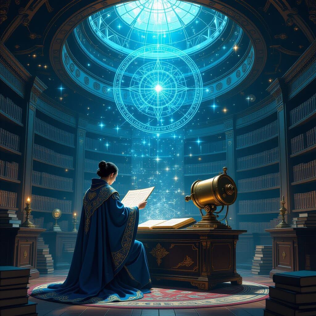 Scholar Deciphers Constellations in Ethereal Art Deco Style