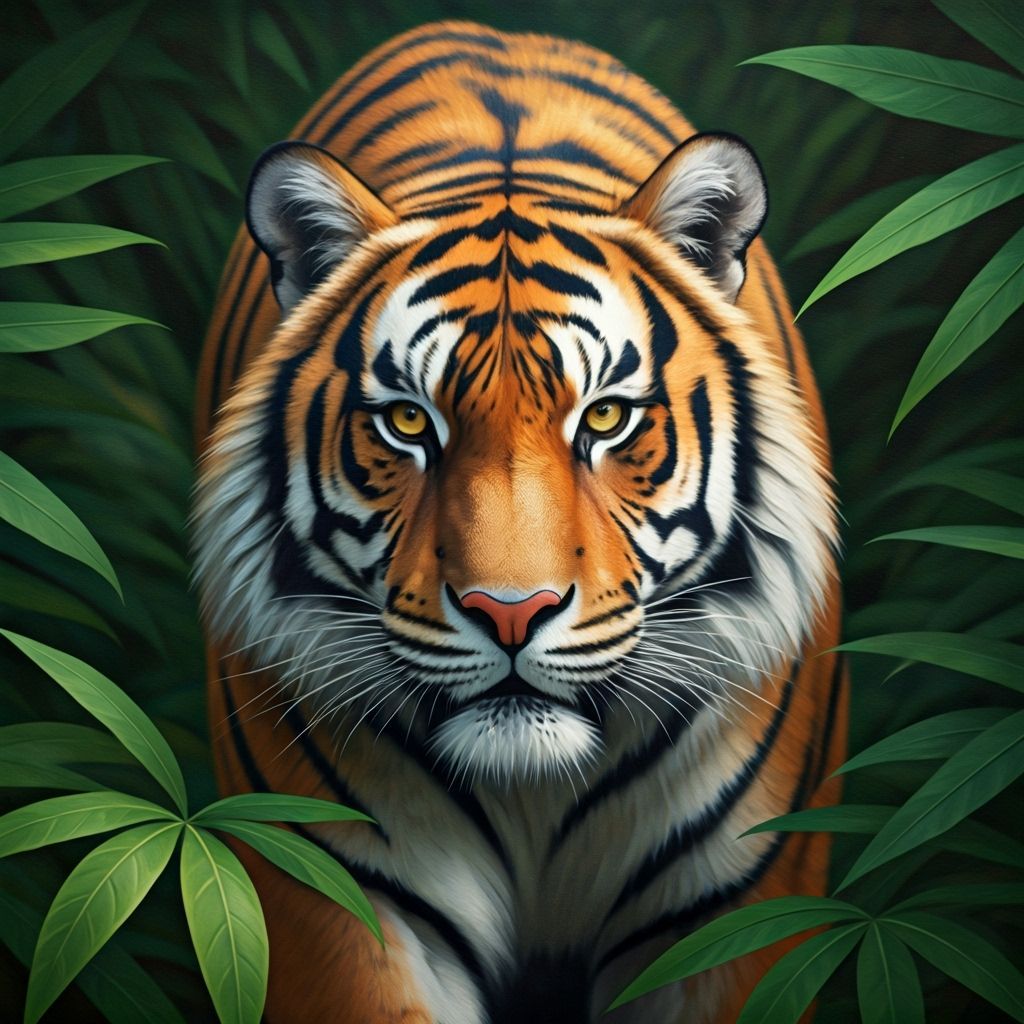 Majestic Tiger Prowling Through Jungle: Oil Painting