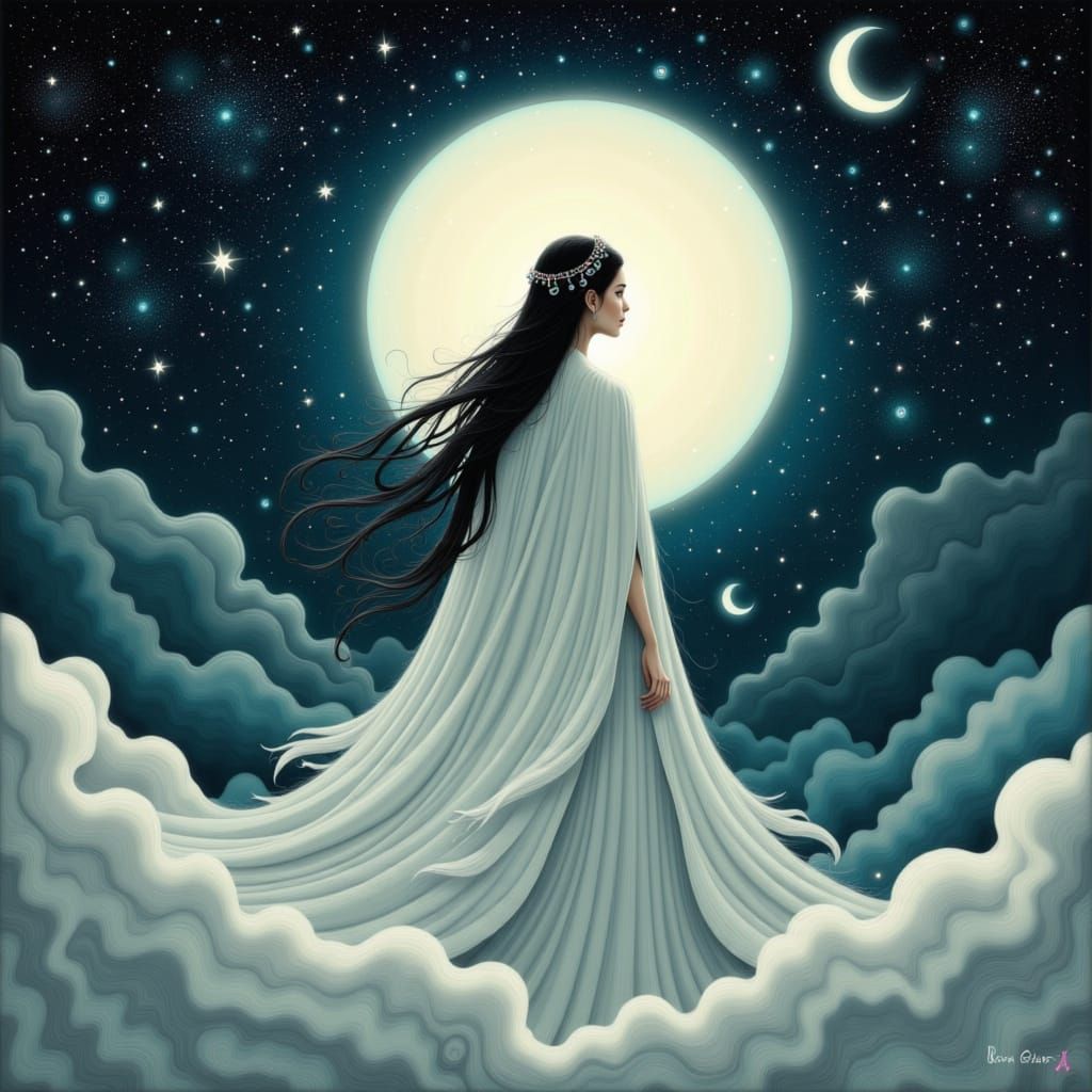 Moon Goddess Hina in Dreamy Alphonse Mucha Style