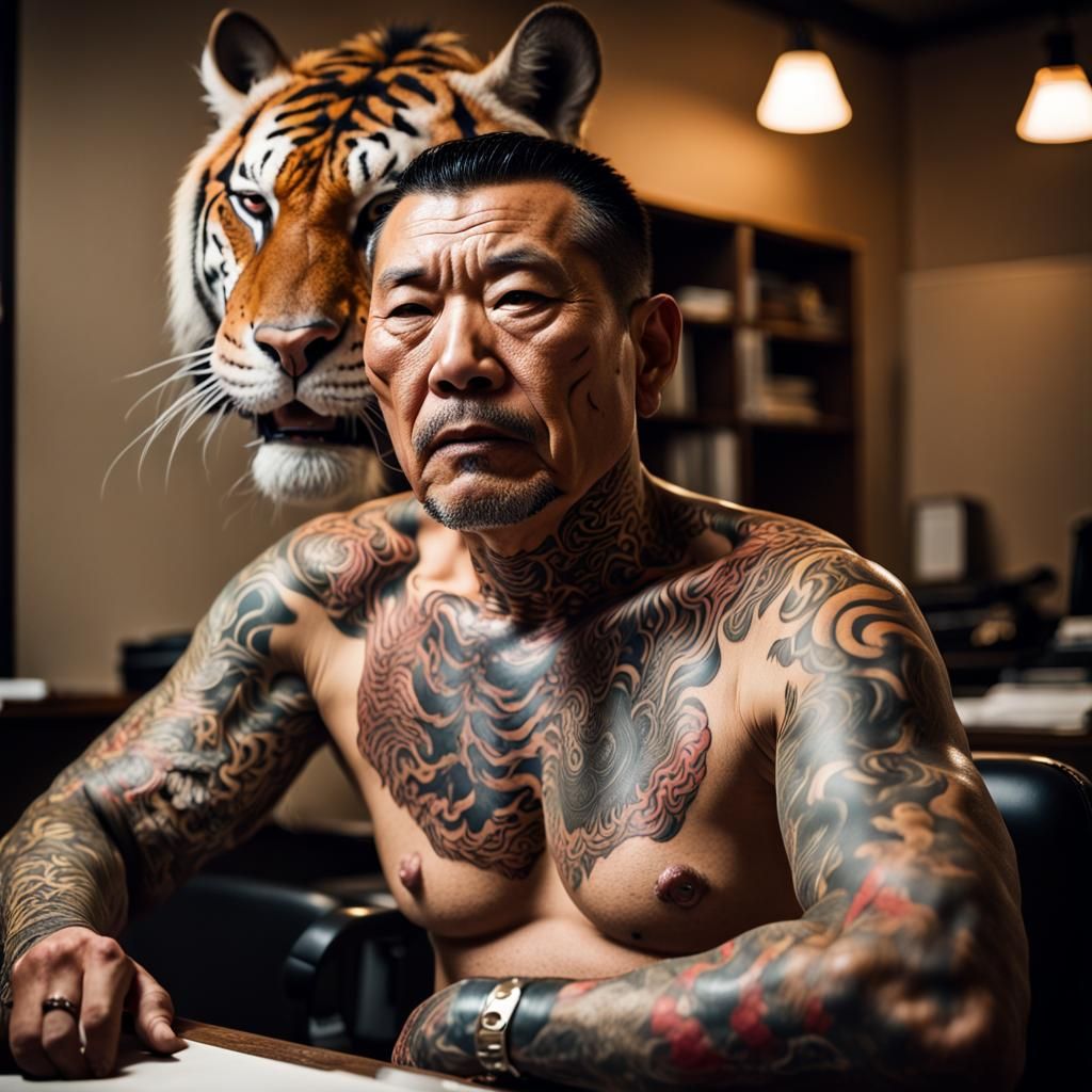 Sinister Yakuza Tattoo in Dark Office Photo