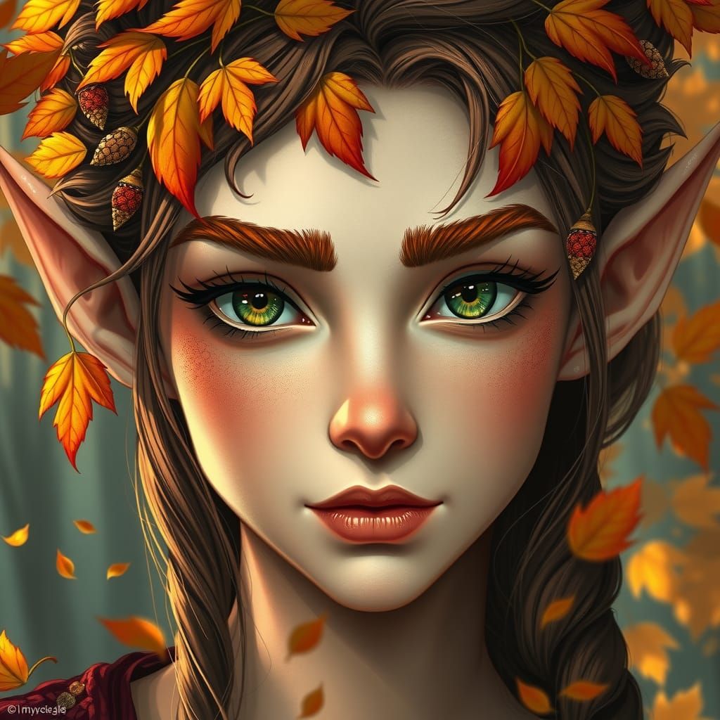 An elf with vibrant, bushy eyebrows resembling the warm, gol...