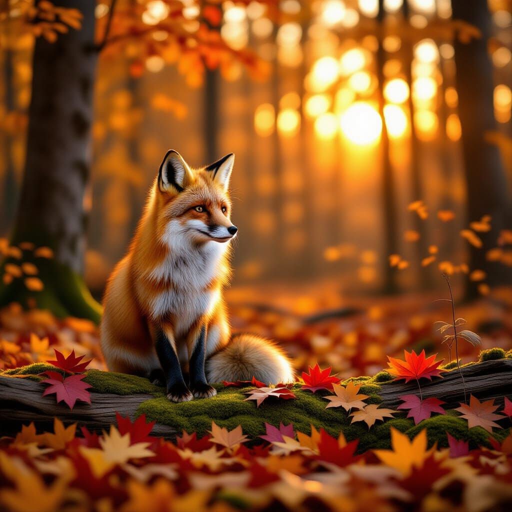 Solitary Fox in Golden Autumn Forest Light