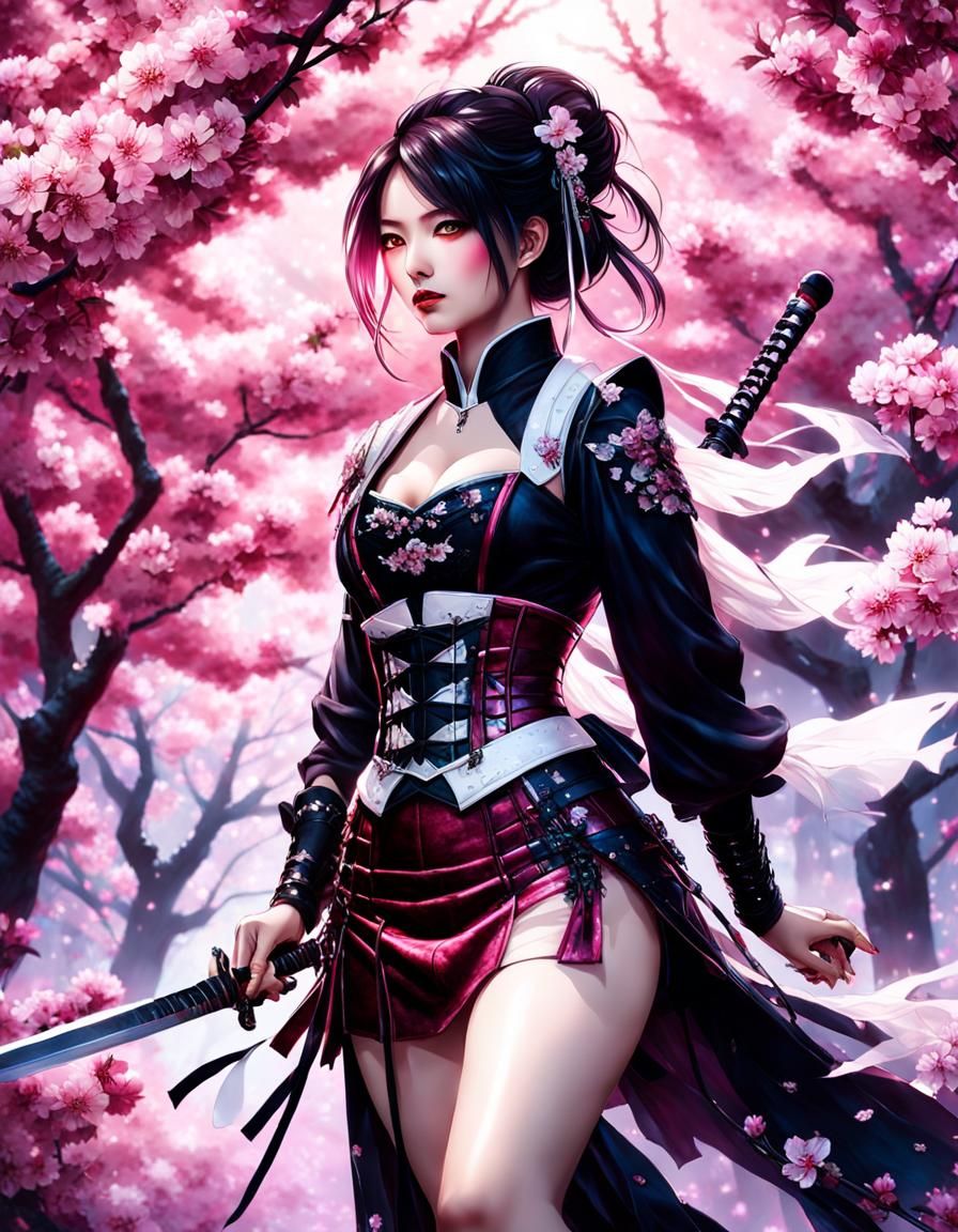 Gothic Art: Japanese Swordswoman Under Cherry Blossoms