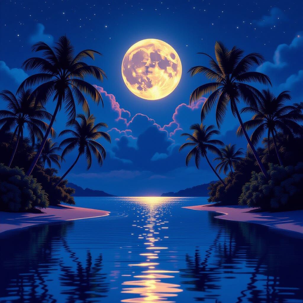 Fiji Island Nightscape With Full Moon And Neon Highlights