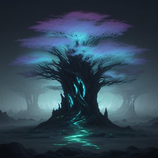 Ethereal Neon Entity in Dark Fantasy Landscape