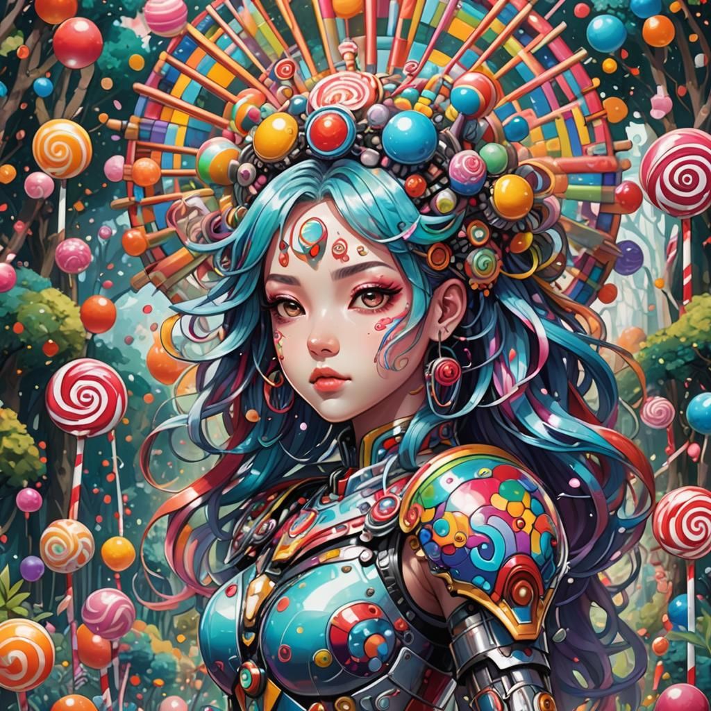 Aztec Robot Manga Girl in Candy Land
