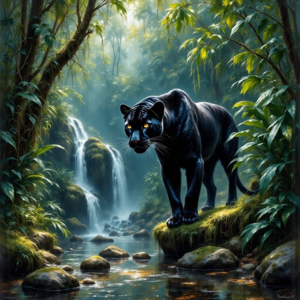 Black Jaguar in Jungle, Expressive Brushstrokes