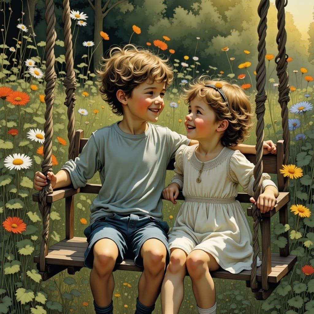 Siblings in Intimate Evening Moment, Hyperrealistic Style