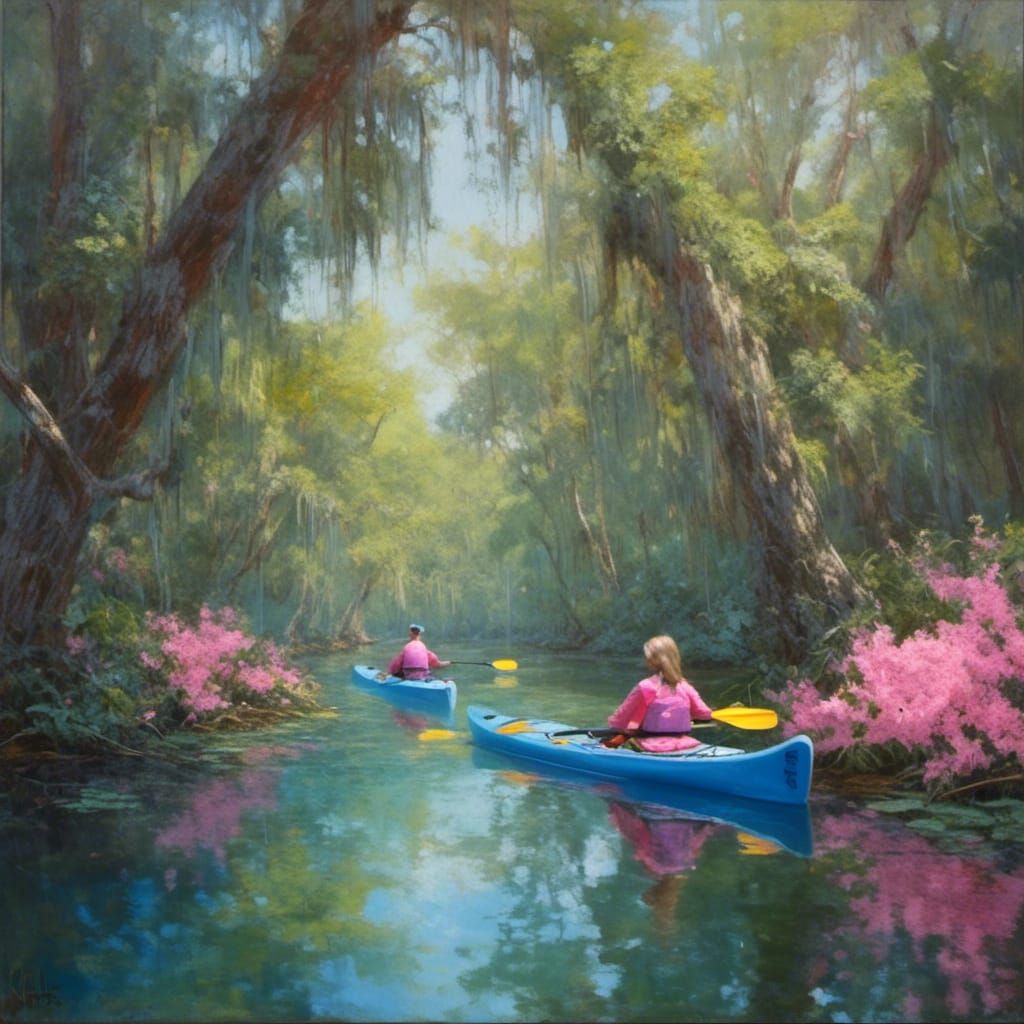 Florida Spring Kayak Amidst Azaleas: Oil Painting