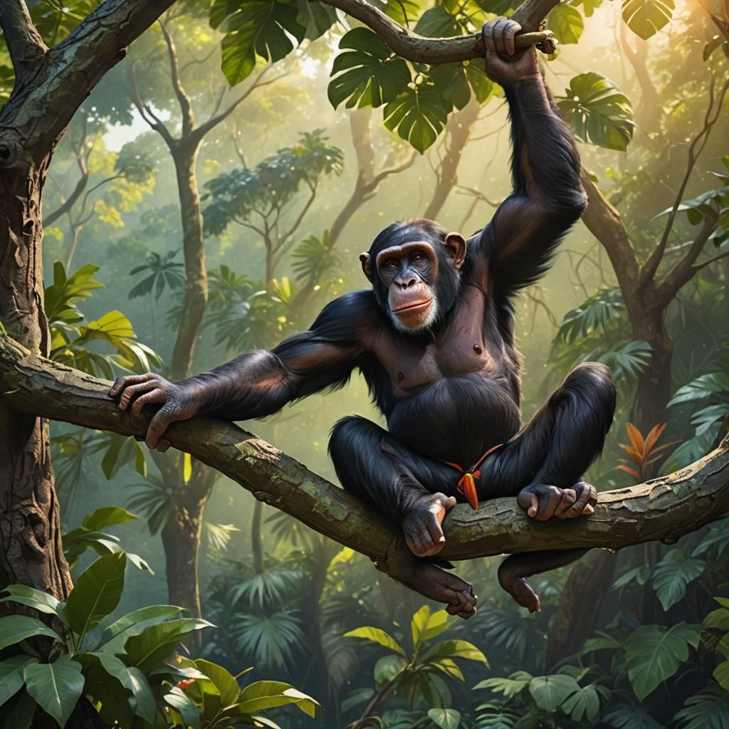 Chimpanzee Resting in a Vibrant Jungle, Digital Art