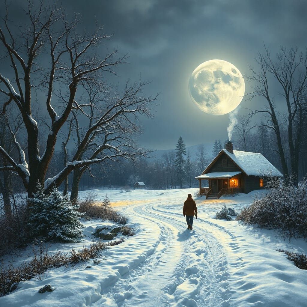 Winter Cabin Scene with Moonlit Path