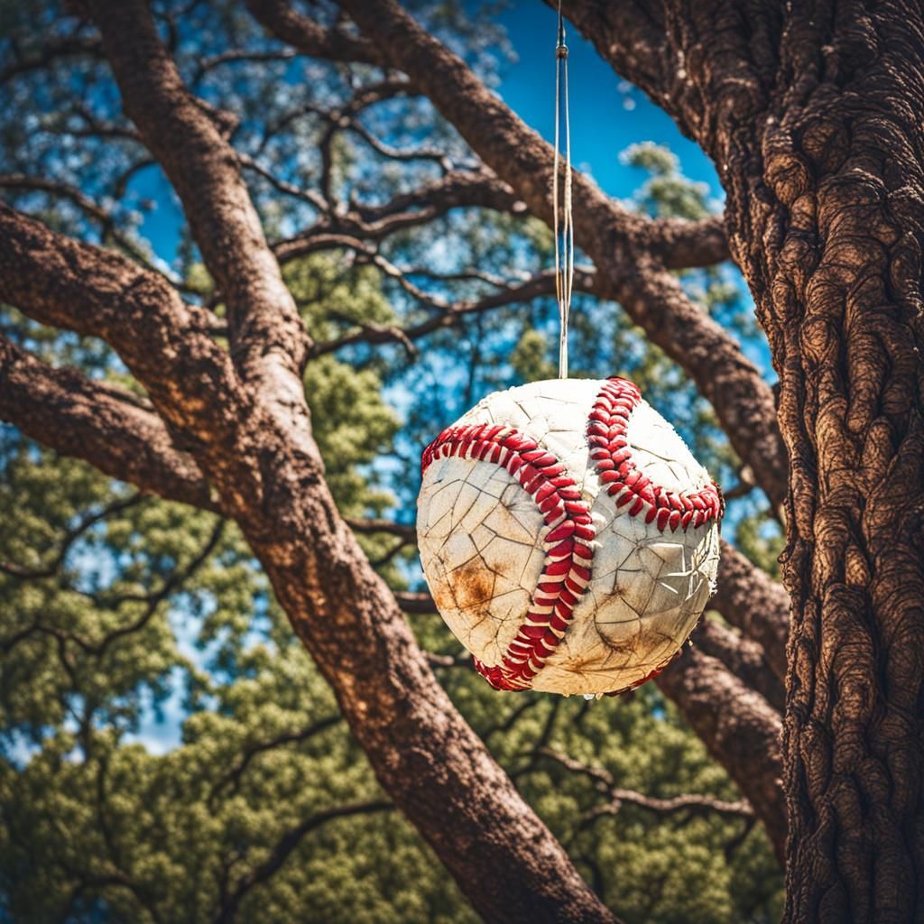 Hyperrealistic Baseball Piñata Hanging from Tree