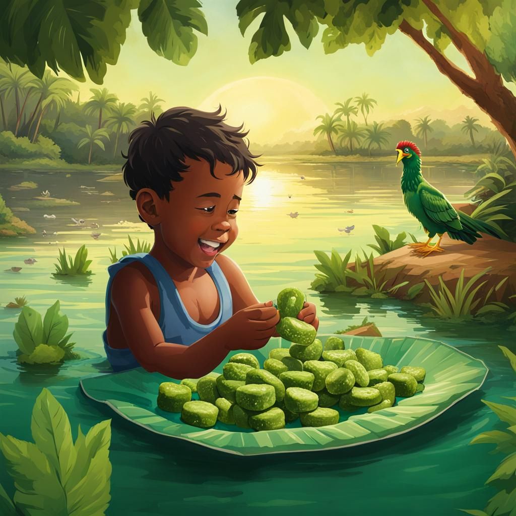 A boy eating green chicken nuggets