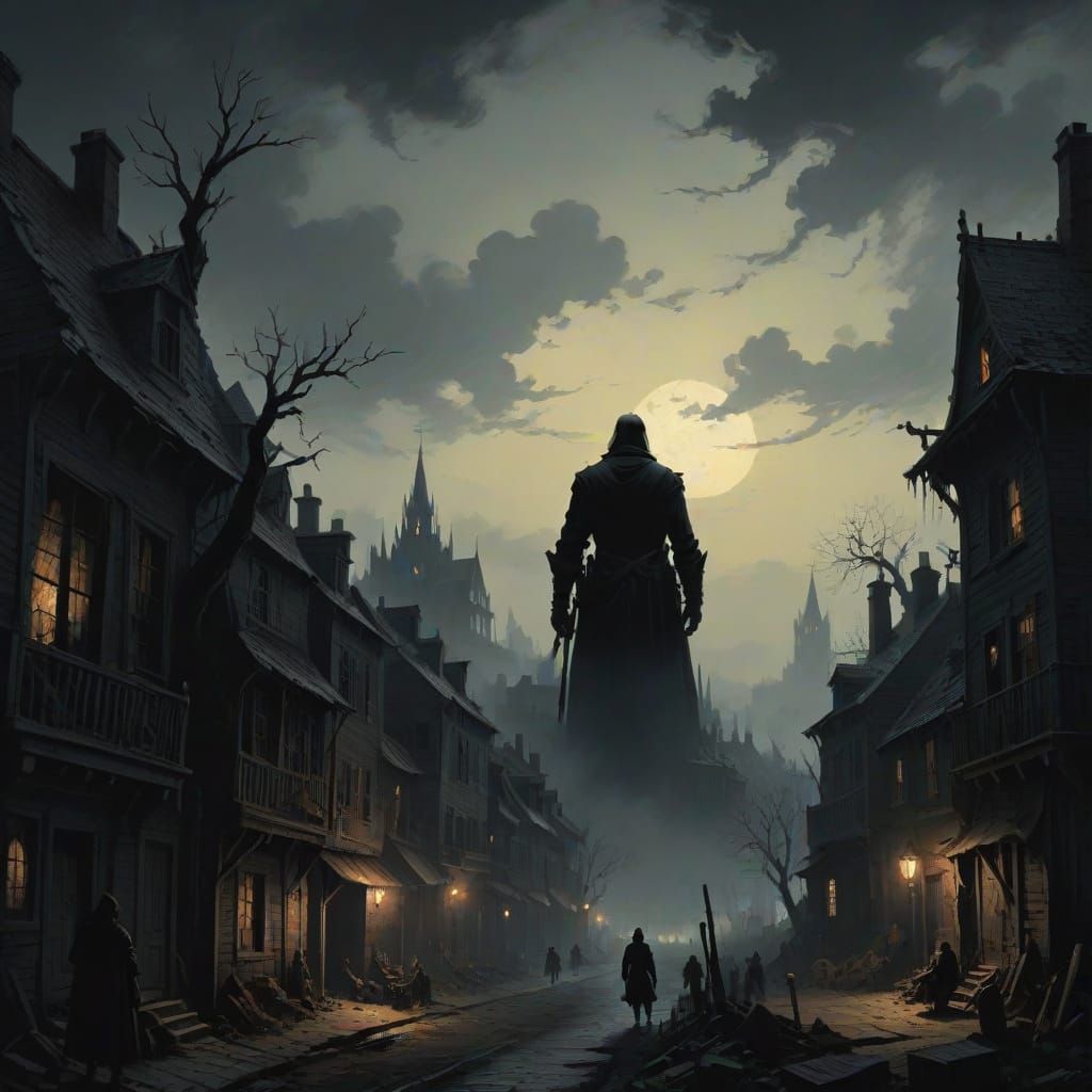 Dark Silhouette Looms Over Town: Horror Illustration