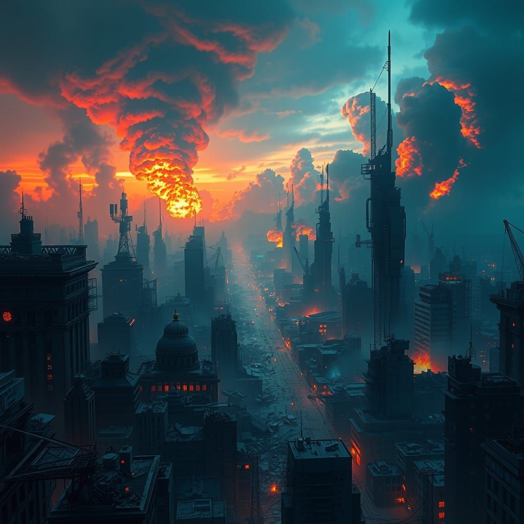 Futuristic Cityscape in Catastrophic Chaos