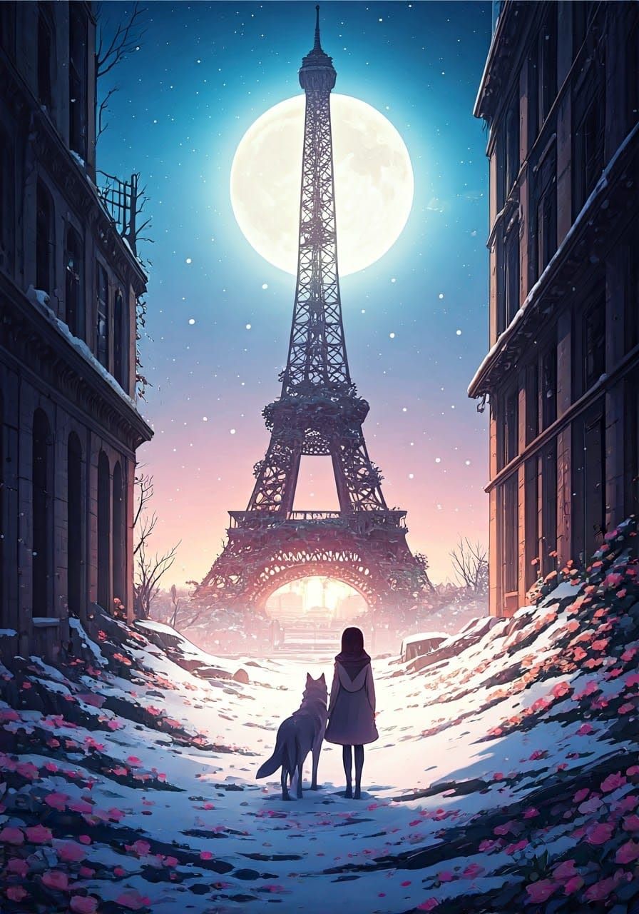 Girl and Wolf Stand Before Eiffel Tower in Snowy, Post-Apoca...
