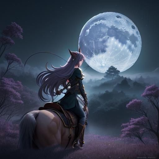 Elven Centaur Archer Silhouette Under Full Moon