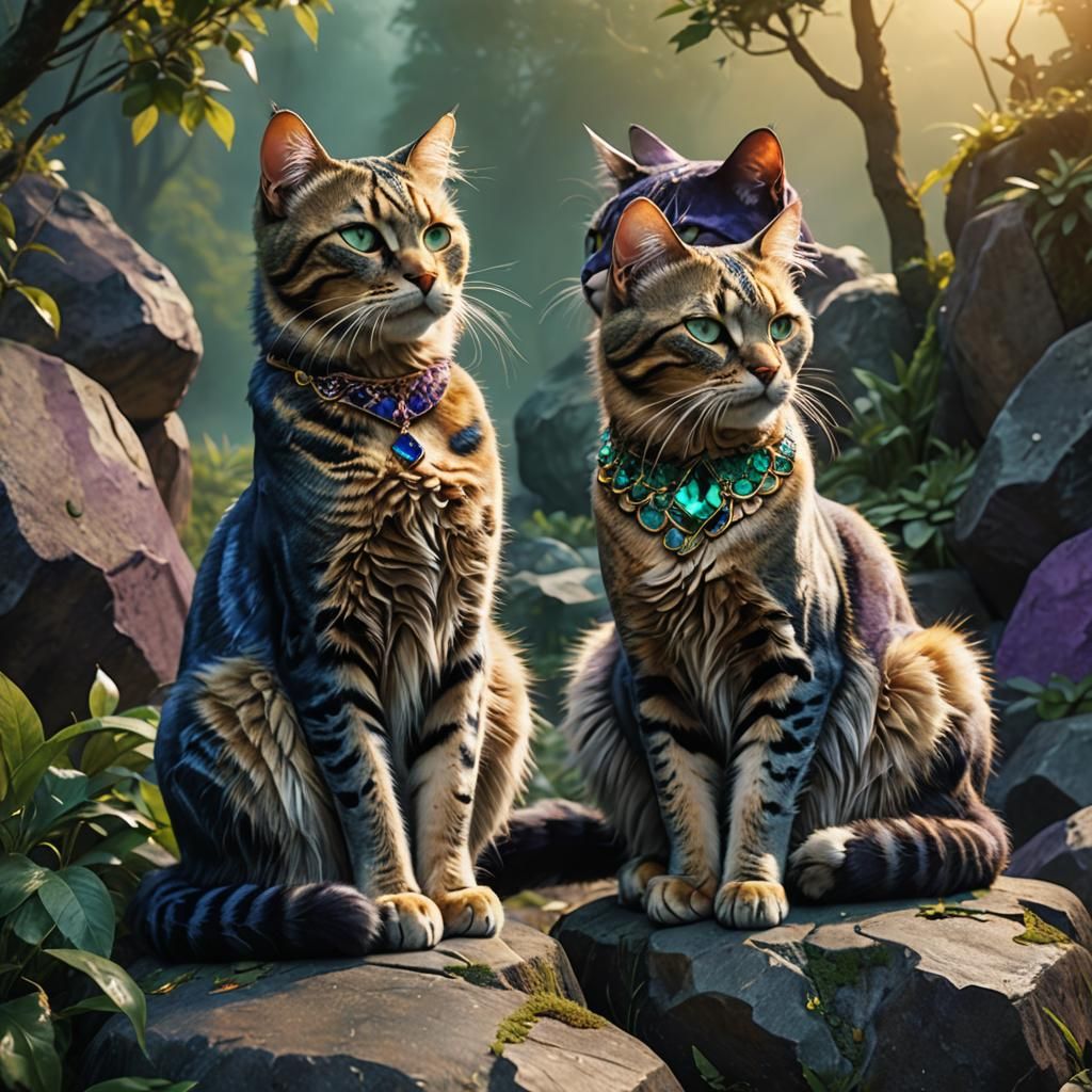 Two Catgirls on Stone in Eerie Fantasy Style