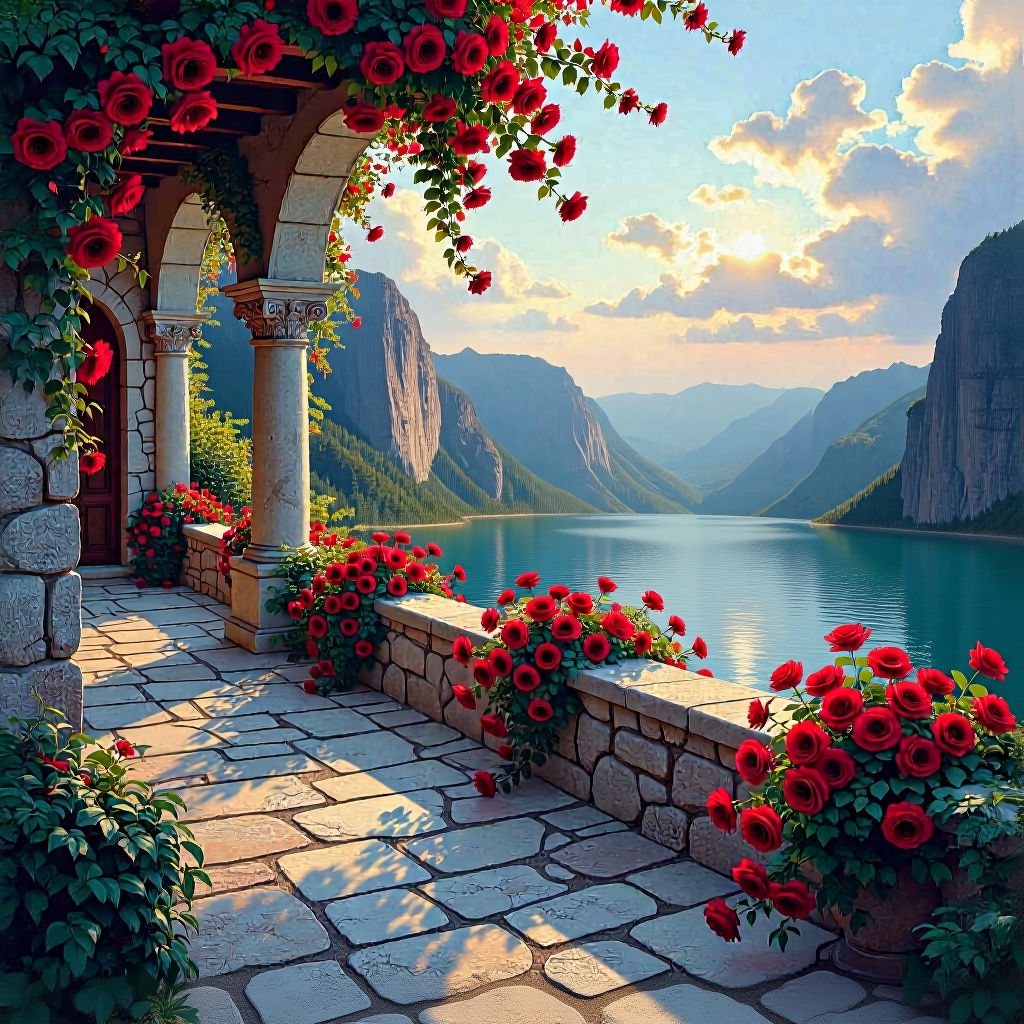 Magical Rose Garden Overlooking Caldera Lake in Fantasy Art
