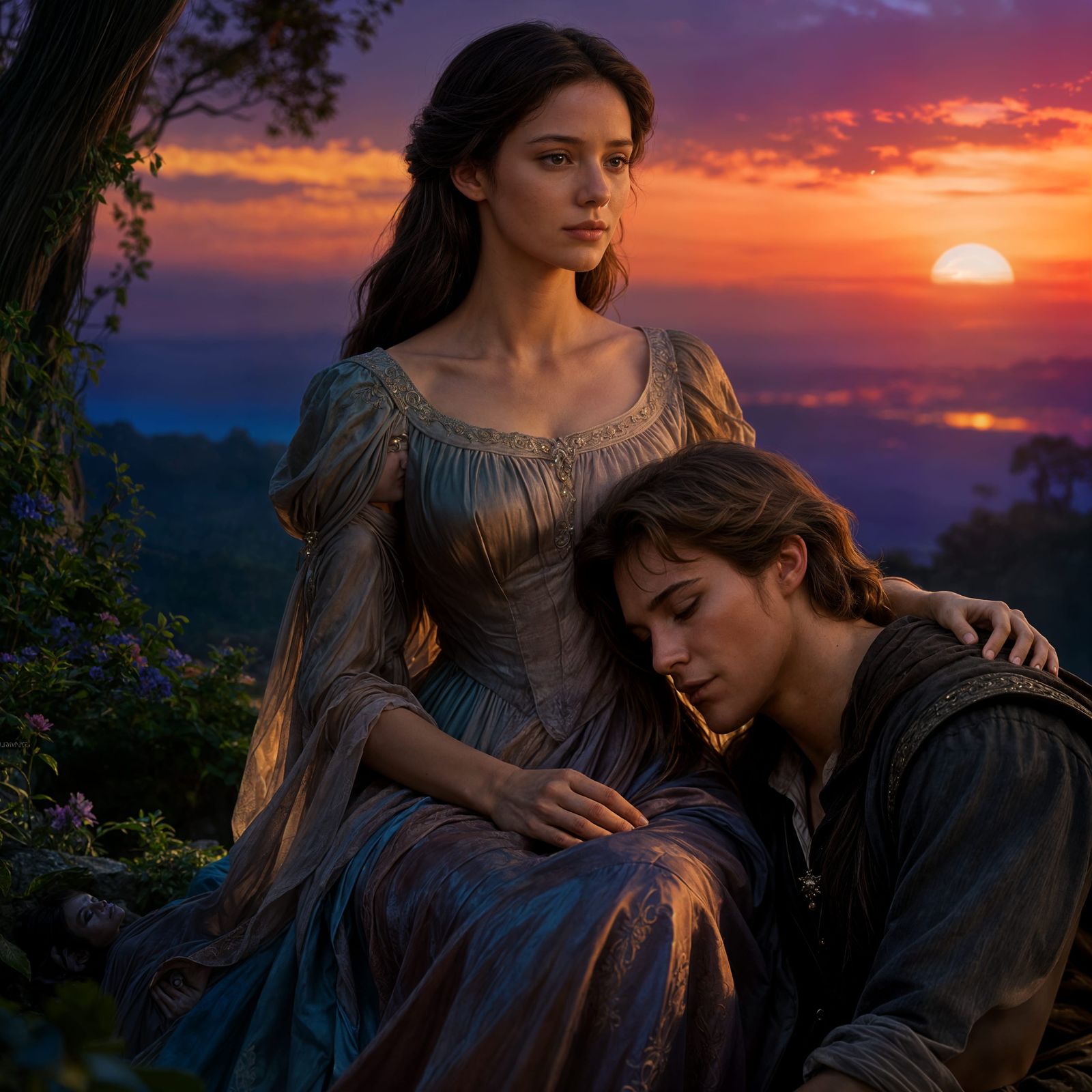 Intimate Sunset Embrace: A Couple's Tender Moment