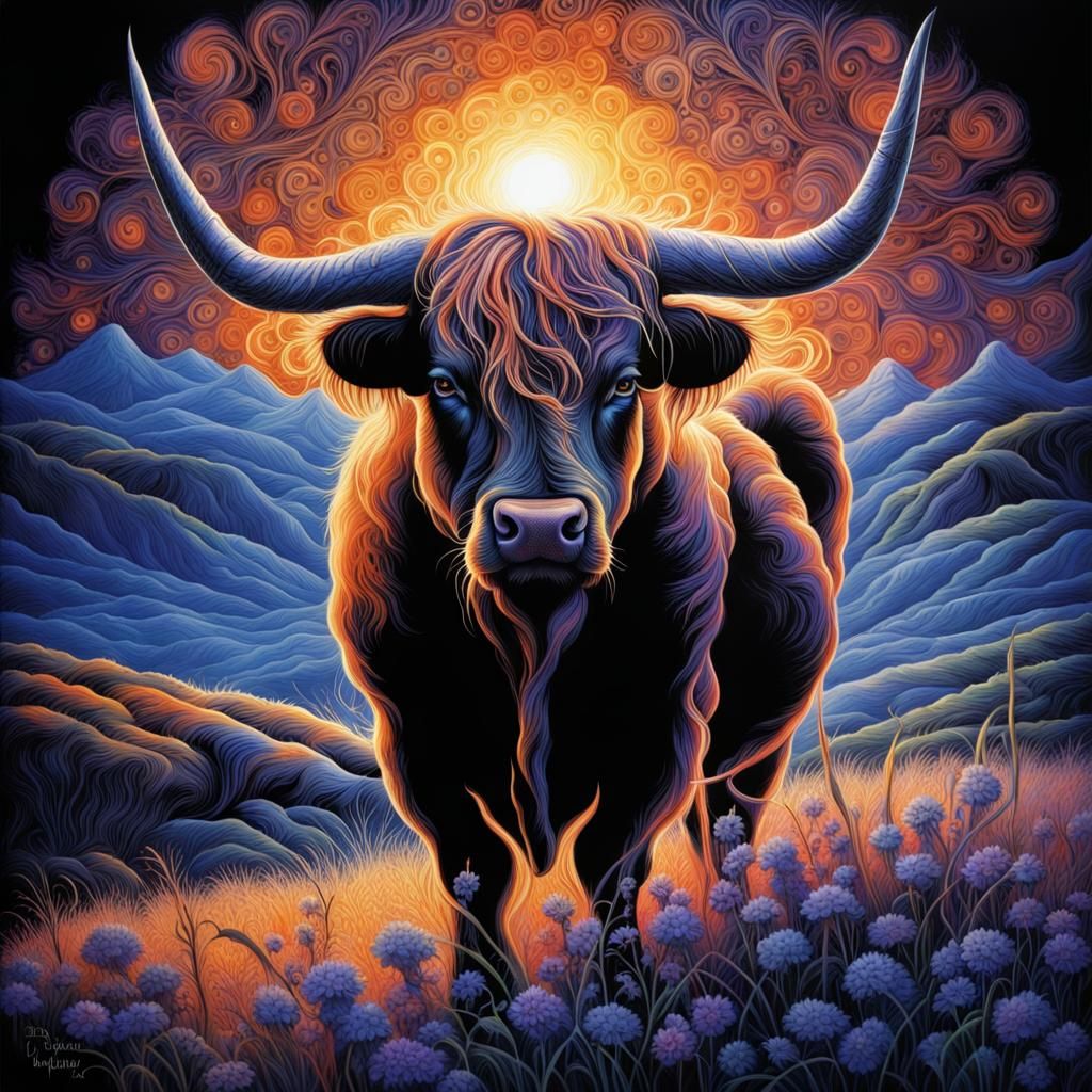Highland Bull Portrait in Black Light Style