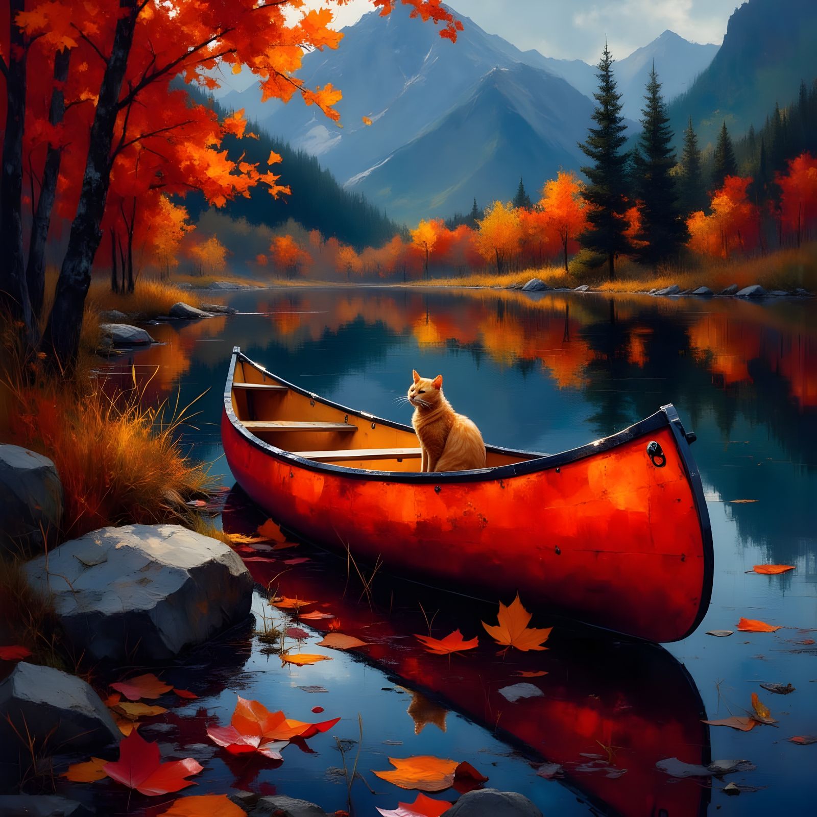 Orange Cat in Autumn Leaf, Fire Red Canoe