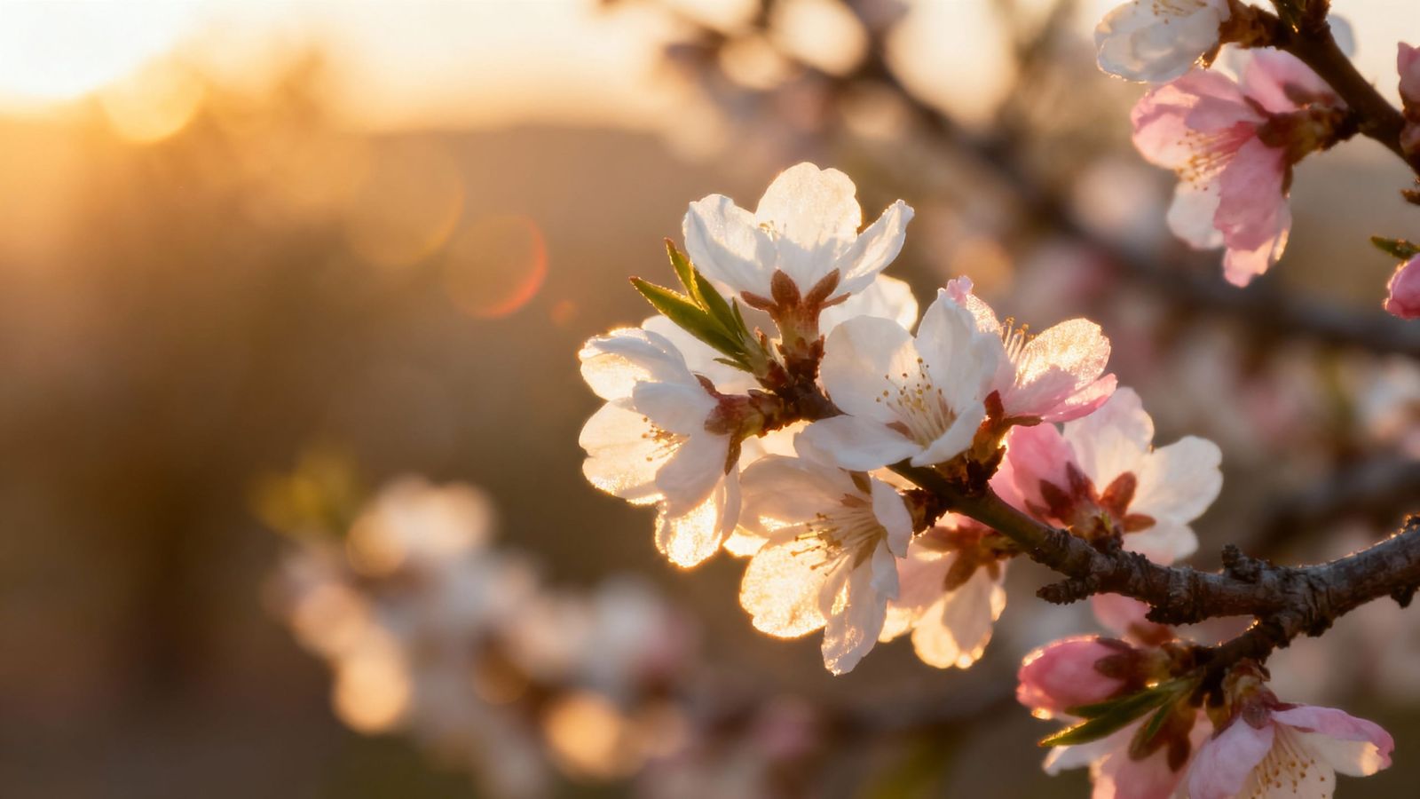 Almond Blossoms at Sunrise in Golden Light