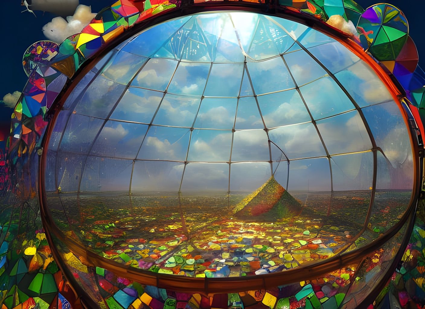 Earth in Stained Glass Dome with Sunbeams
