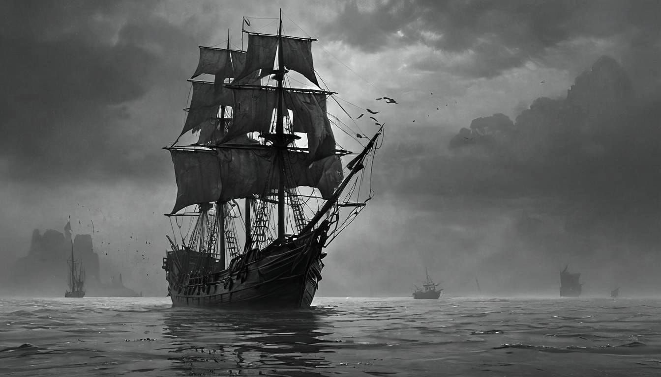 Pirate Skeletons Sail Weathered Ship into Approaching Storm