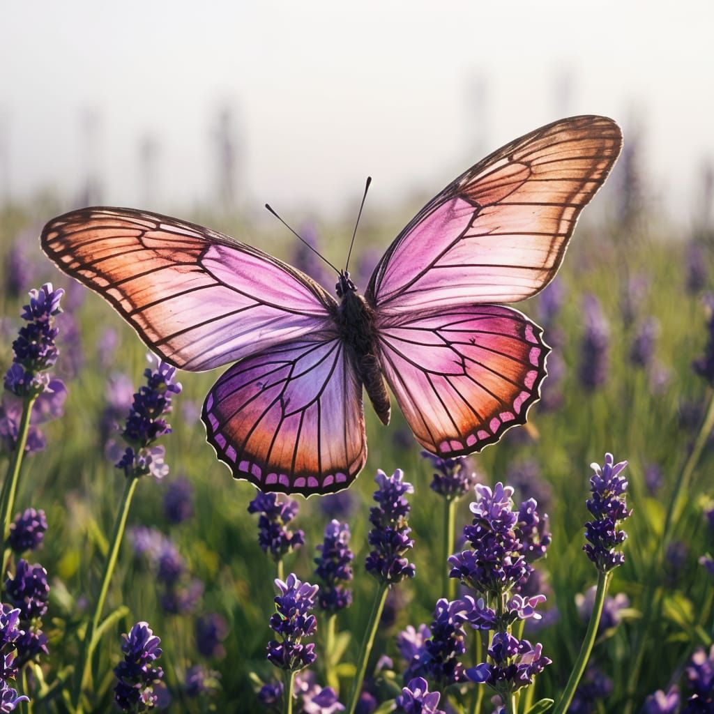 Psychedelic Butterfly in Lavender Field: Multicolored Dreams...