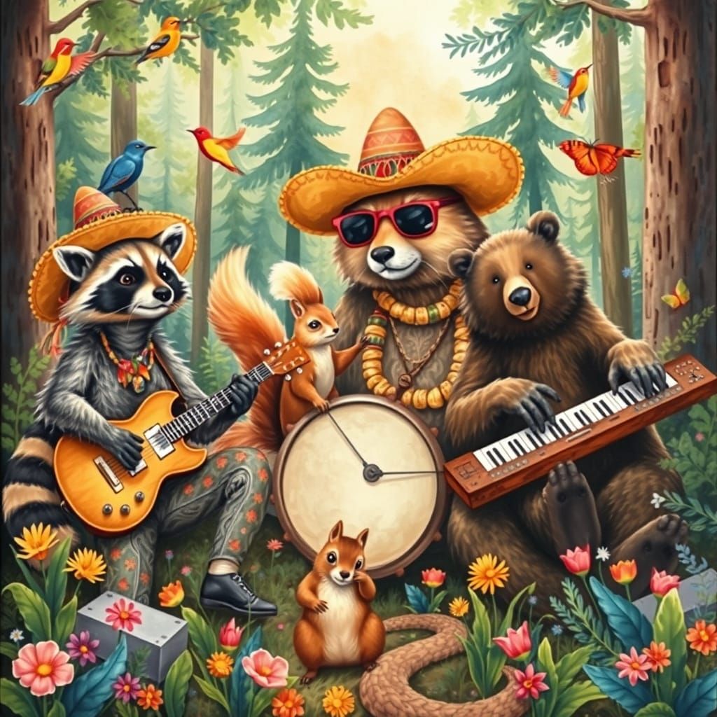 Animal Music Jam in Dada Cartoon Style