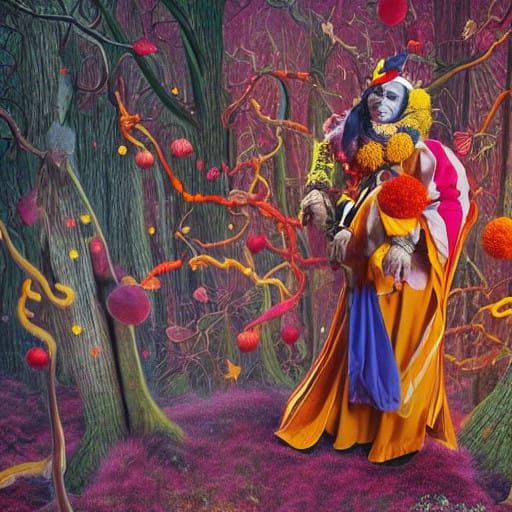 Jester in Mystical Forest, Surrealist Dreamscape