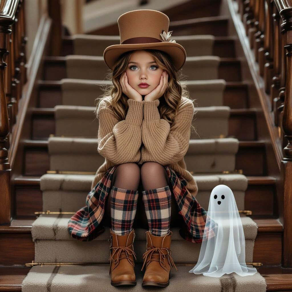 Sad Girl and Ghost on Grand Staircase