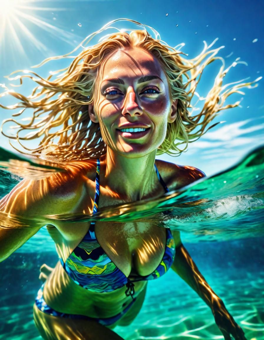 Joyful Blonde Woman Swimming in Ocean Sunlight