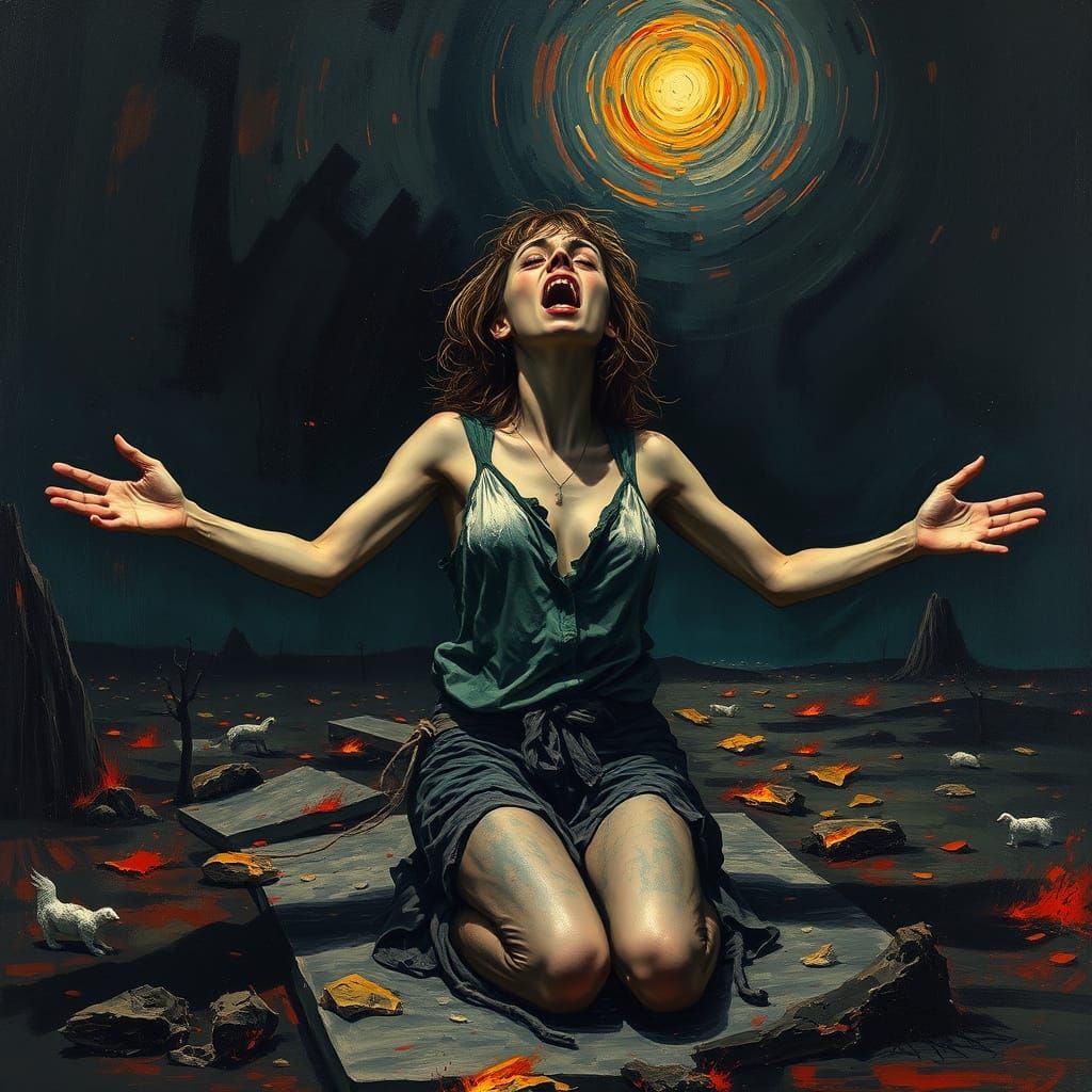 Tormented Woman Pleading in Haunting Landscape