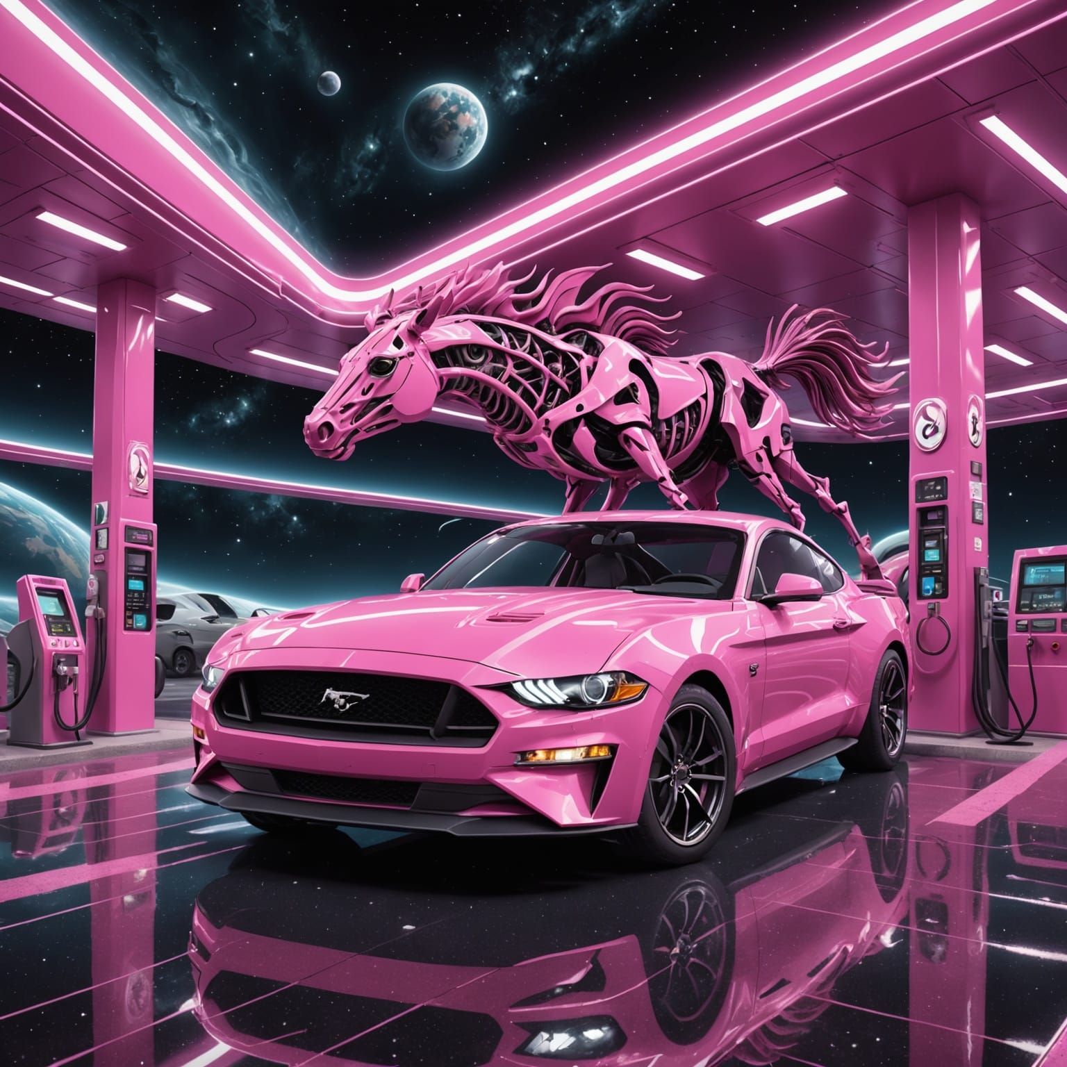 Pink Mustang at Alien Gas Station in Space