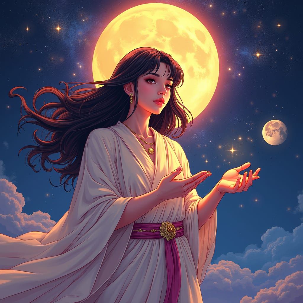 Celestial Goddess Holding Sun and Moon in Manga Style