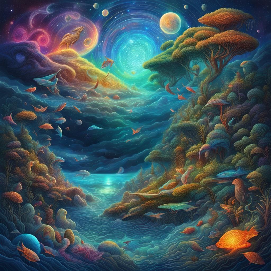 Cosmic Nature Scene in Pablo Amaringo Style