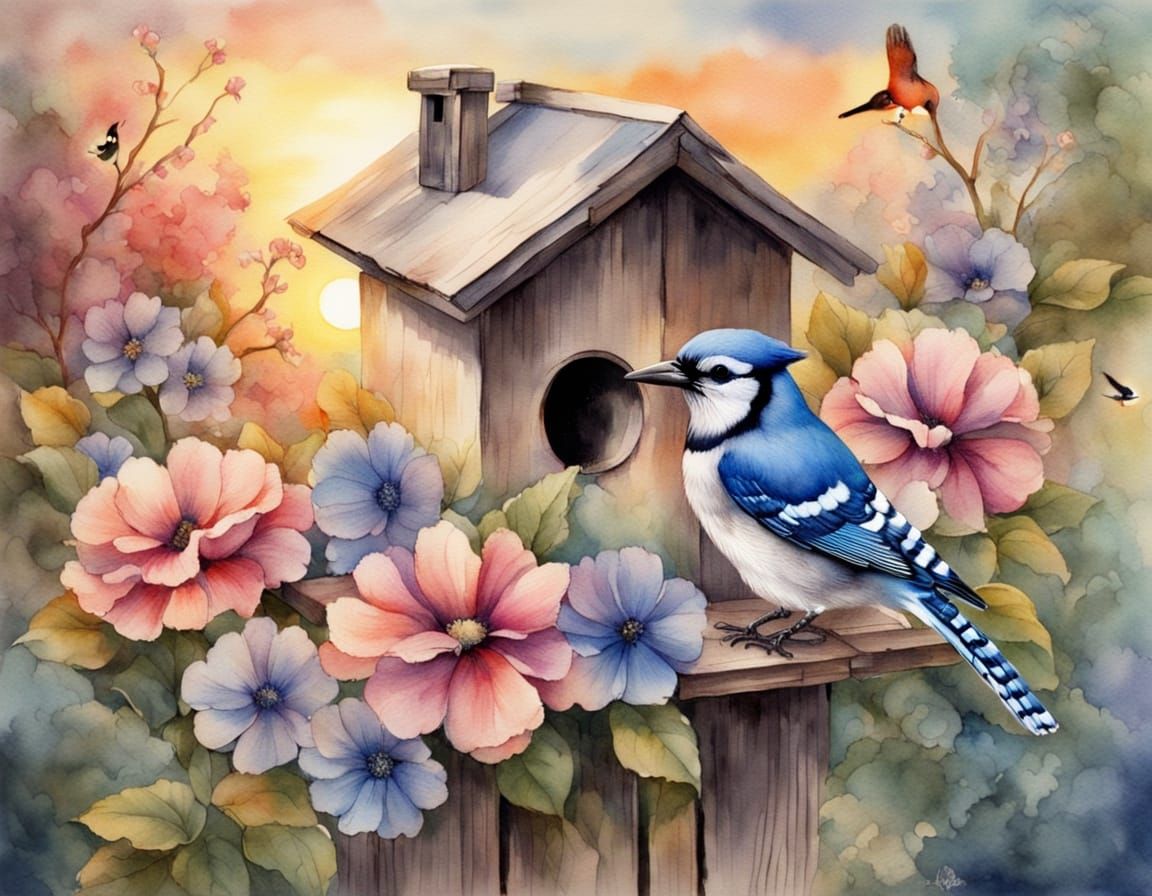 Rustic Birdhouse Scene with Blue Jay