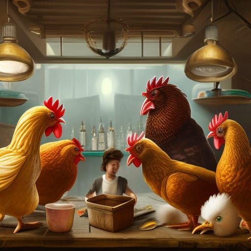 Anthropomorphic Chickens in Bar: Surreal Art