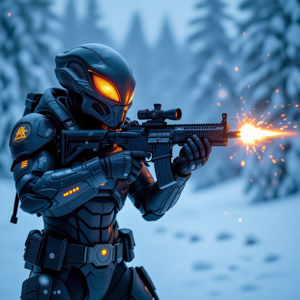 Alien Soldier Monster in Snowstorm at Night