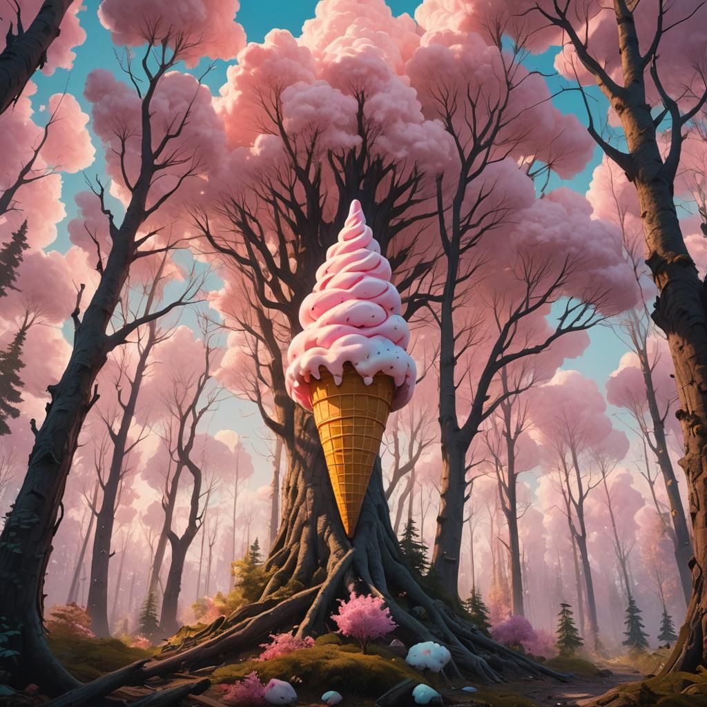 Giant Ice Cream Cone in Mystical Forest