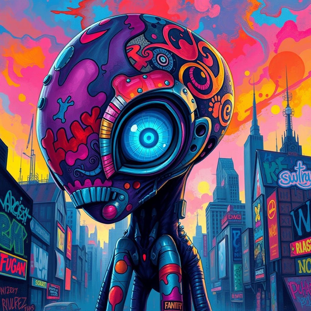 Colossal Whimsical Alien with Biomechanical Eye in Vibrant R...